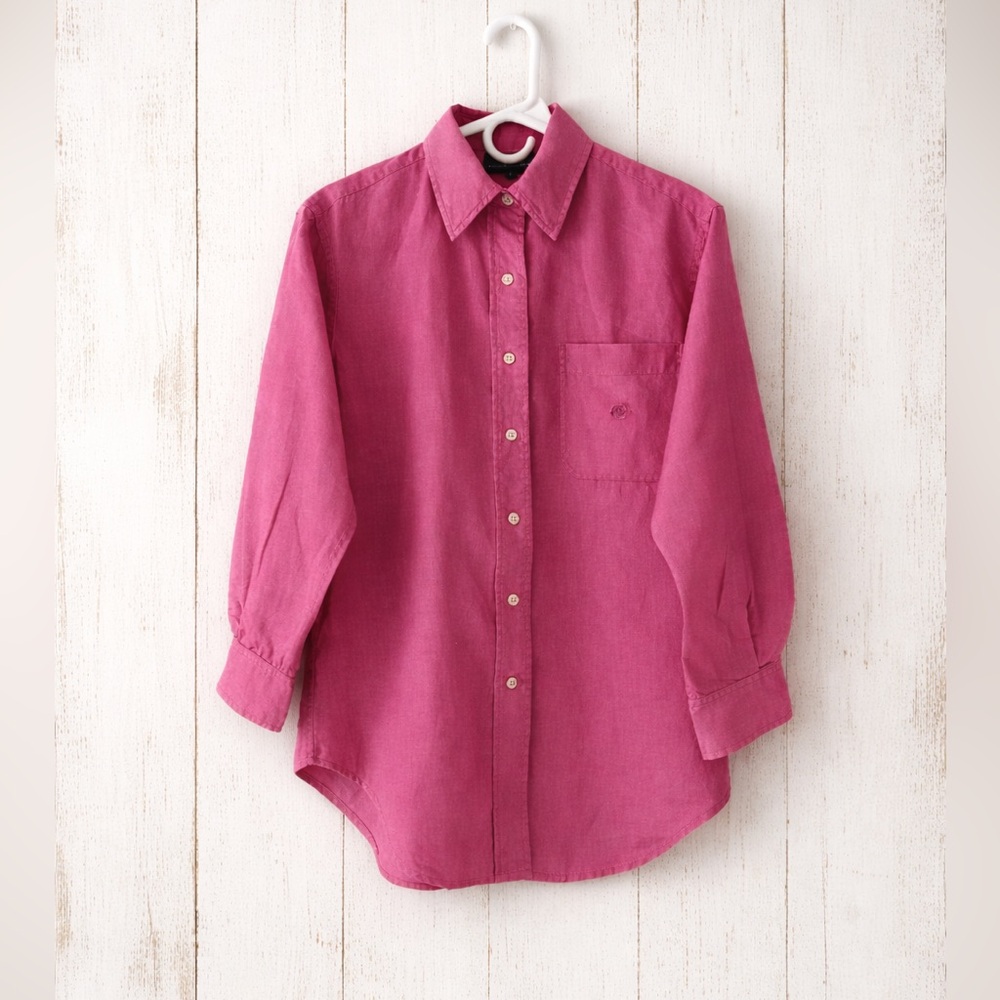 Lauren Ralph Lauren Pink 100% Linen Button Up Shirt Buttons Embroidered Size 4